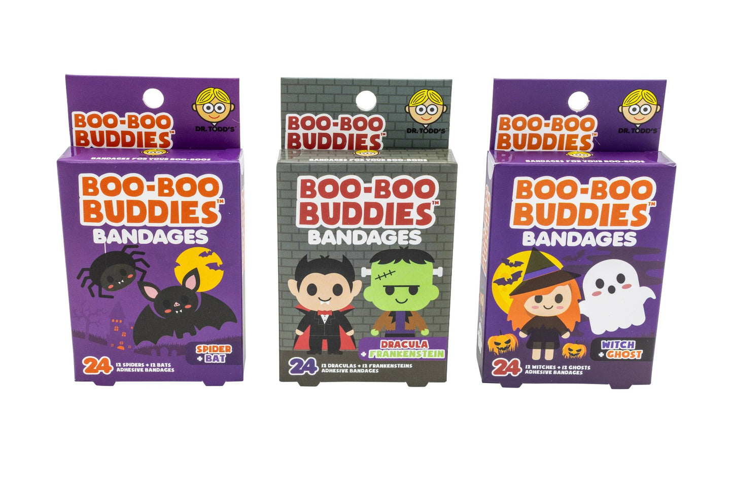 3-Pack Boo Boo Buddies Halloween-Themed Bandages – Spider, Bat, Dracula, Frankenstein, Witch, and Ghost Designs 🎃