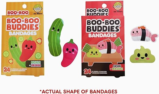 2-Pack Boo Boo Buddie Sushi & Wasabi, Pickle & Pepper Bandages – 24 Ct Each | Fun Shapes for Kids & Adults | Latex-Free, Waterproof, Gentle on Skin | First Aid Kit Essential