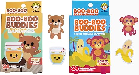 2-Pack Boo Boo Buddies™ Honey & Bear and Monkey & Banana Bandages – 48 Ct | Waterproof, Latex-Free, Fun Kids Adhesive Bandages for First Aid, Party Favors, Sensitive Skin, and Playful Healing
