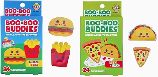 2-Pack Boo Boo Buddie Kids Bandages – 48 Ct | Burger + Fries, Pizza + Taco Shape Bandages | Fun, Waterproof, Latex-Free, Sensitive Skin-Friendly First Aid for Kids