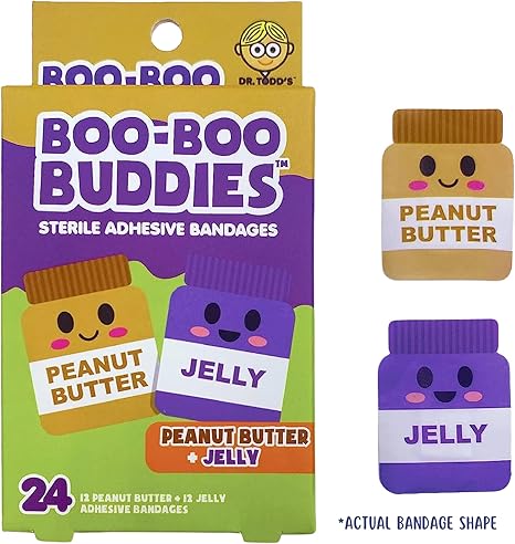 Boo Boo Buddies™ Mac + Cheese and Peanut Butter + Jelly Bandages – 48Ct | Fun Food-Shaped Adhesive Bandages for Kids & Adults | Latex-Free, Waterproof, and Hypoallergenic First Aid Bandages for Sensi