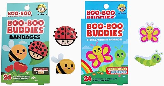 2-Pack Boo Boo Buddies Caterpillar & Butterfly + Ladybug & Bee Bandages – 48 Ct | Fun Shapes, Latex-Free, Waterproof for Kids’ First Aid Kits & Sensitive Skin