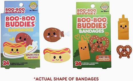 Boo Boo Buddies™ Drumstick + Hot Dog and Pretzel + Mustard Bandages | 48 Ct | Food-Themed Adhesive Bandages for Kids | Waterproof, Latex-Free, Sensitive Skin Safe | Fun First Aid for Cuts & Scrap
