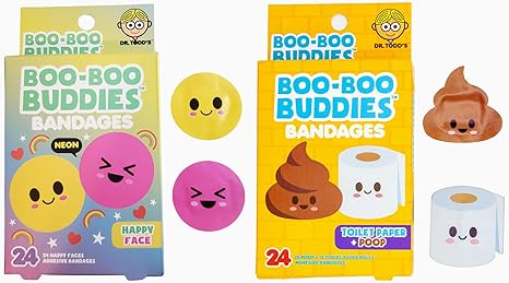 2-Pack Boo Boo Buddies™ Happy Faces + Toilet Paper & Poop Bandages Bundle – 48 Ct Total | Fun Latex-Free, Waterproof Kids Bandages for First Aid Kits and Sensitive Skin