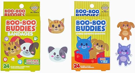 2-Pack Boo Boo Buddies™ Dog Face + Cat Face & Dog + Cat Shape Bandages – 48 Ct | Fun Animal Shapes, Waterproof, Latex-Free for Kids & Sensitive Skin | Perfect First Aid for Pets & Animal Lovers