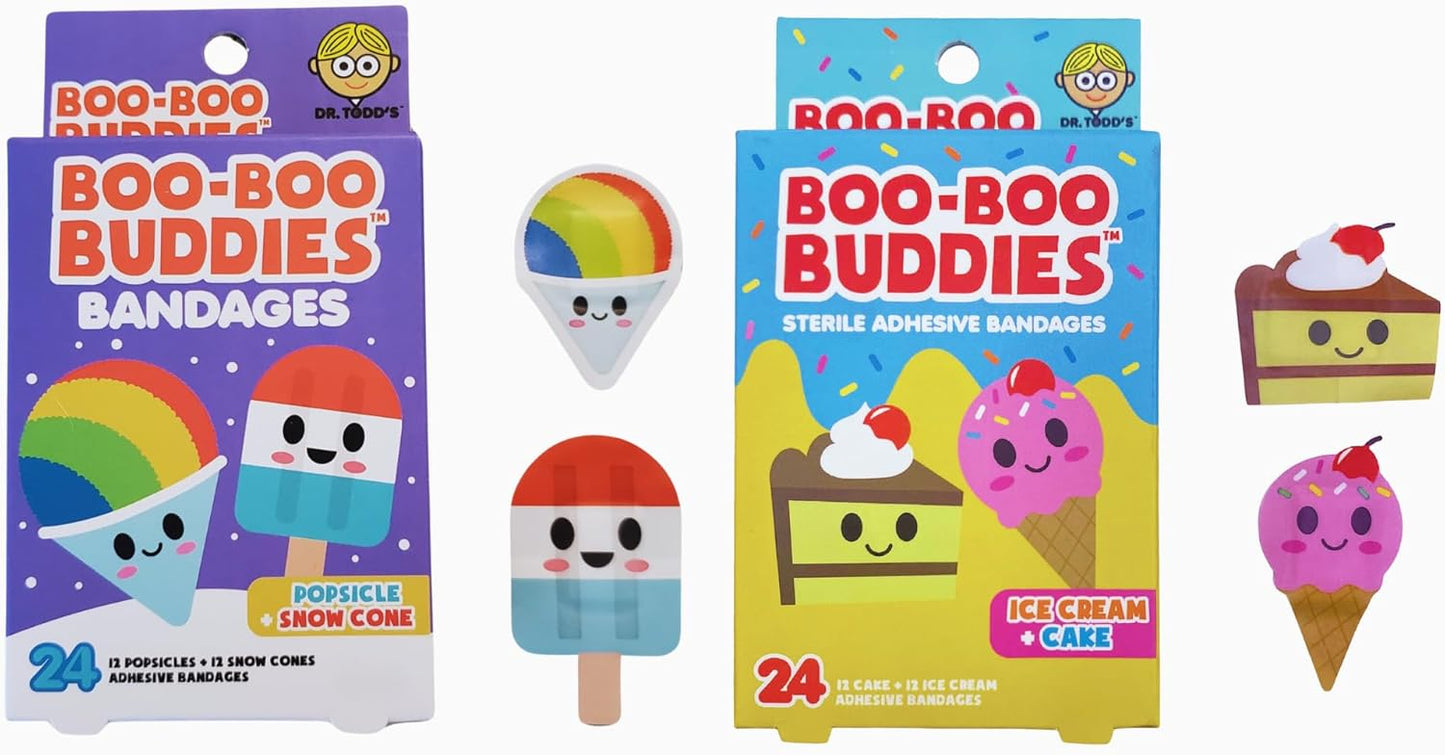 2-Pack Boo Boo Buddies™ Bandages 48 Ct | Fun Ice Cream & Snowcone + Ice Cream & Cake Shapes | Waterproof, Latex-Free, First Aid for Kids & Sensitive Skin
