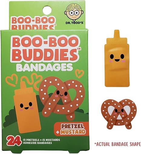Boo Boo Buddies™ Drumstick + Hot Dog and Pretzel + Mustard Bandages | 48 Ct | Food-Themed Adhesive Bandages for Kids | Waterproof, Latex-Free, Sensitive Skin Safe | Fun First Aid for Cuts & Scrap