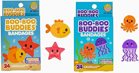 Boo Boo Buddies™ Goldfish + Starfish & Jellyfish + Octopus Bandages Bundle | 48 Ct Fun Shapes for Kids | Waterproof, Latex-Free, Gentle on Sensitive Skin
