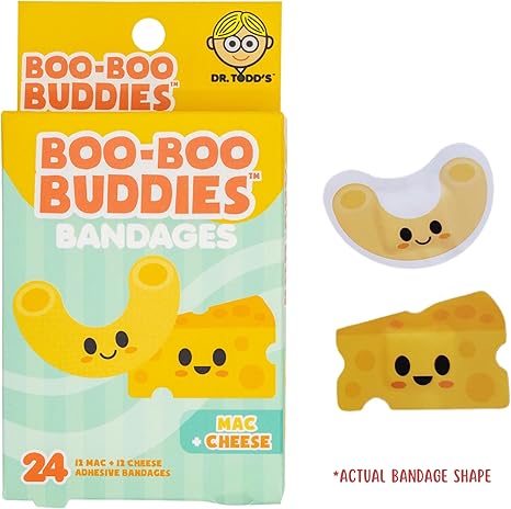 Boo Boo Buddies™ Mac + Cheese and Peanut Butter + Jelly Bandages – 48Ct | Fun Food-Shaped Adhesive Bandages for Kids & Adults | Latex-Free, Waterproof, and Hypoallergenic First Aid Bandages for Sensi