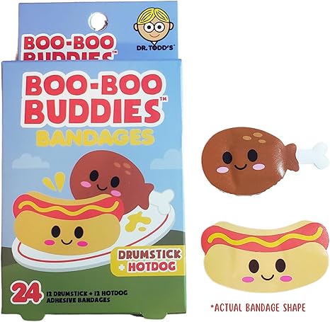 Boo Boo Buddies™ Drumstick + Hot Dog and Pretzel + Mustard Bandages | 48 Ct | Food-Themed Adhesive Bandages for Kids | Waterproof, Latex-Free, Sensitive Skin Safe | Fun First Aid for Cuts & Scrap