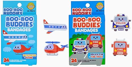 2-Pack Helicopter & Plane + Police Car & Fire Truck Bandages Bundle – 48 Fun-Shaped, Waterproof, Latex-Free Bandages for Kids' First Aid Kits