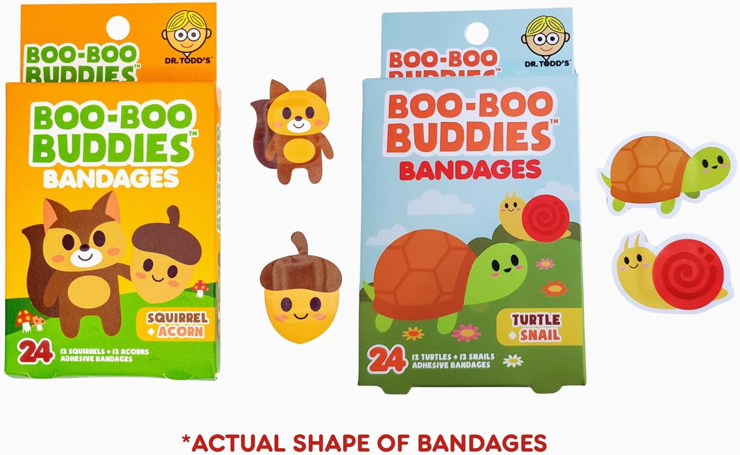 2-Pack Boo Boo Buddies™ Squirrel + Acorn & Turtle + Snail Bandages Bundle – 48 Ct | Fun Waterproof, Latex-Free Kids Bandages for Sensitive Skin