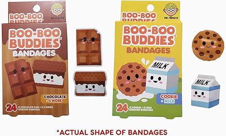 2-Pack Boo Boo Buddies™ Chocolate & S'Mores + Cookie & Milk Bandages – 24 Ct Each | Fun Food-Shaped Bandages for Kids | Latex-Free, Waterproof, Sensitive Skin First Aid Supplies