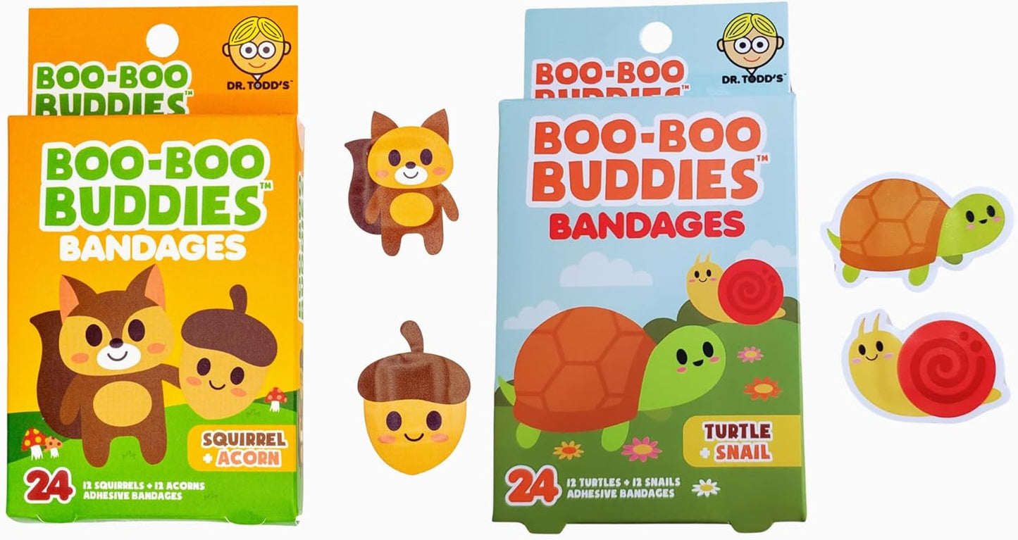 2-Pack Boo Boo Buddies™ Squirrel + Acorn & Turtle + Snail Bandages Bundle – 48 Ct | Fun Waterproof, Latex-Free Kids Bandages for Sensitive Skin