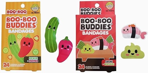 2-Pack Boo Boo Buddie Sushi & Wasabi, Pickle & Pepper Bandages – 24 Ct Each | Fun Shapes for Kids & Adults | Latex-Free, Waterproof, Gentle on Skin | First Aid Kit Essential