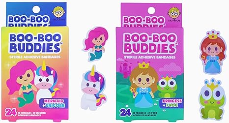 2-Pack Boo Boo Buddies™ 24 Pack Mermaid & Unicorn Shape Bandages + 24 Pack Princess & Frog Shape Bandages – Fun, Latex-Free Kids Bandages for Cuts & Scrapes