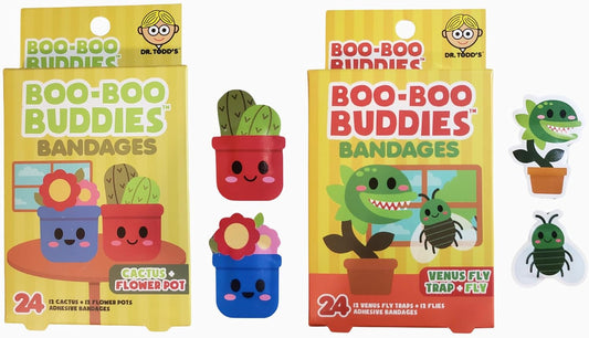 2-Pack Boo Boo Buddies™ Cactus + Flower Pot & Venus Fly Trap + Fly Bandages Bundle | 48 Ct Fun Shapes for Kids | Waterproof, Latex-Free, Gentle on Sensitive Skin