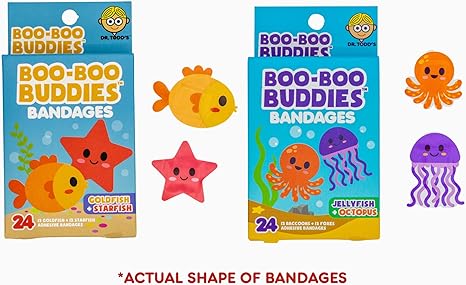 Boo Boo Buddies™ Goldfish + Starfish & Jellyfish + Octopus Bandages Bundle | 48 Ct Fun Shapes for Kids | Waterproof, Latex-Free, Gentle on Sensitive Skin