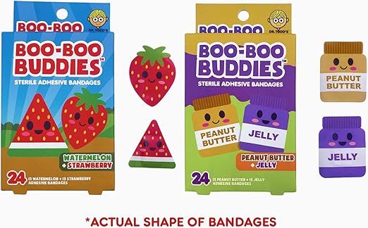 2-Pack Boo Boo Buddies Kids Bandages – Watermelon + Strawberry, Peanut Butter + Jelly Shapes | 24 Count Each | Waterproof, Latex-Free Adhesive Bandages for Sensitive Skin, First Aid Kit, Party Favors, Stock