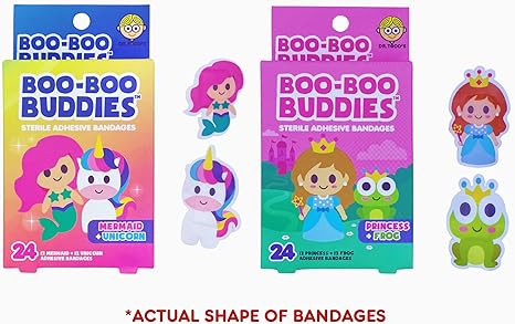 2-Pack Boo Boo Buddies™ 24 Pack Mermaid & Unicorn Shape Bandages + 24 Pack Princess & Frog Shape Bandages – Fun, Latex-Free Kids Bandages for Cuts & Scrapes