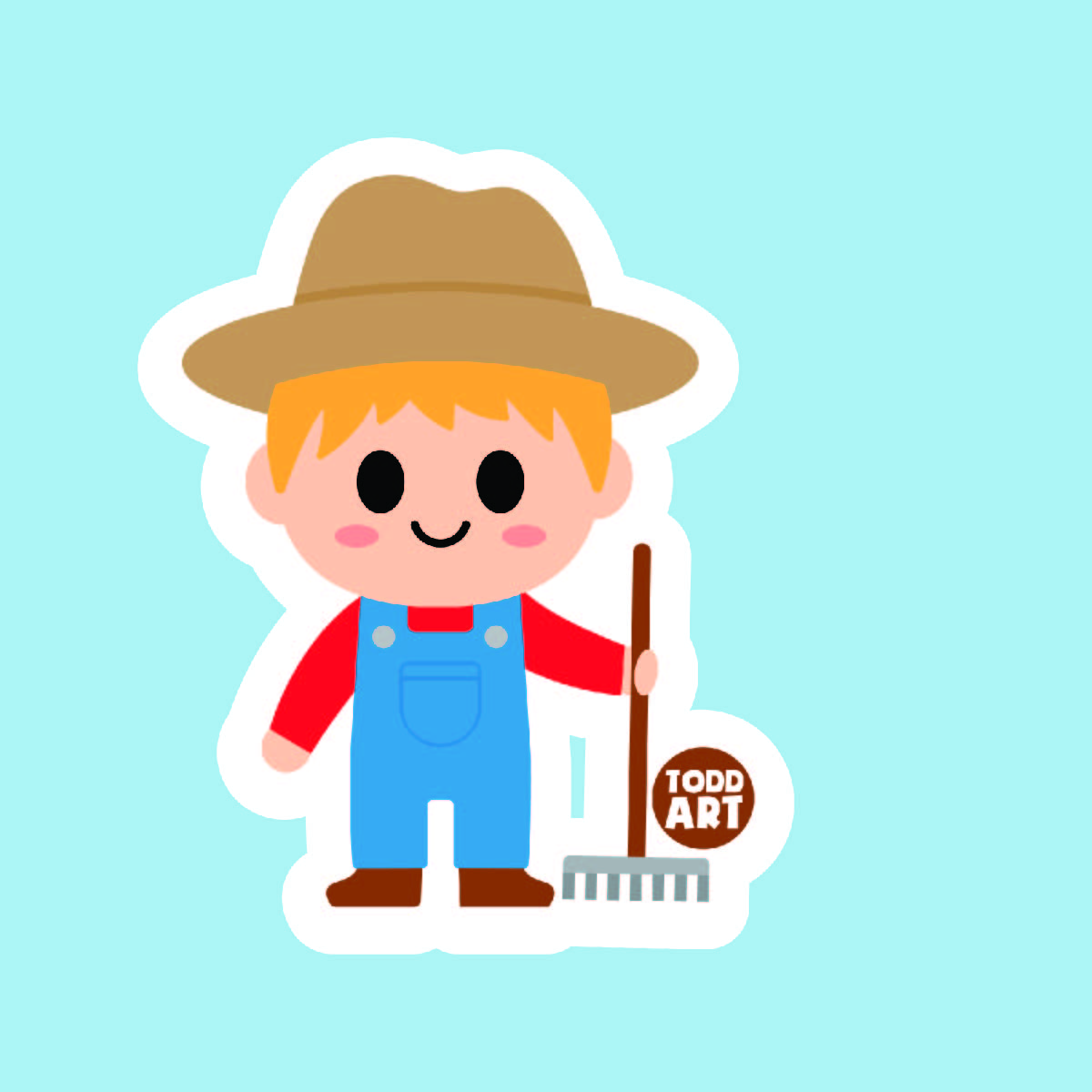 A FARME WITH BROWN HAT, RED LONG SLEEVE SHIRT AND BLUE OVERALL HOLDING A RAKE