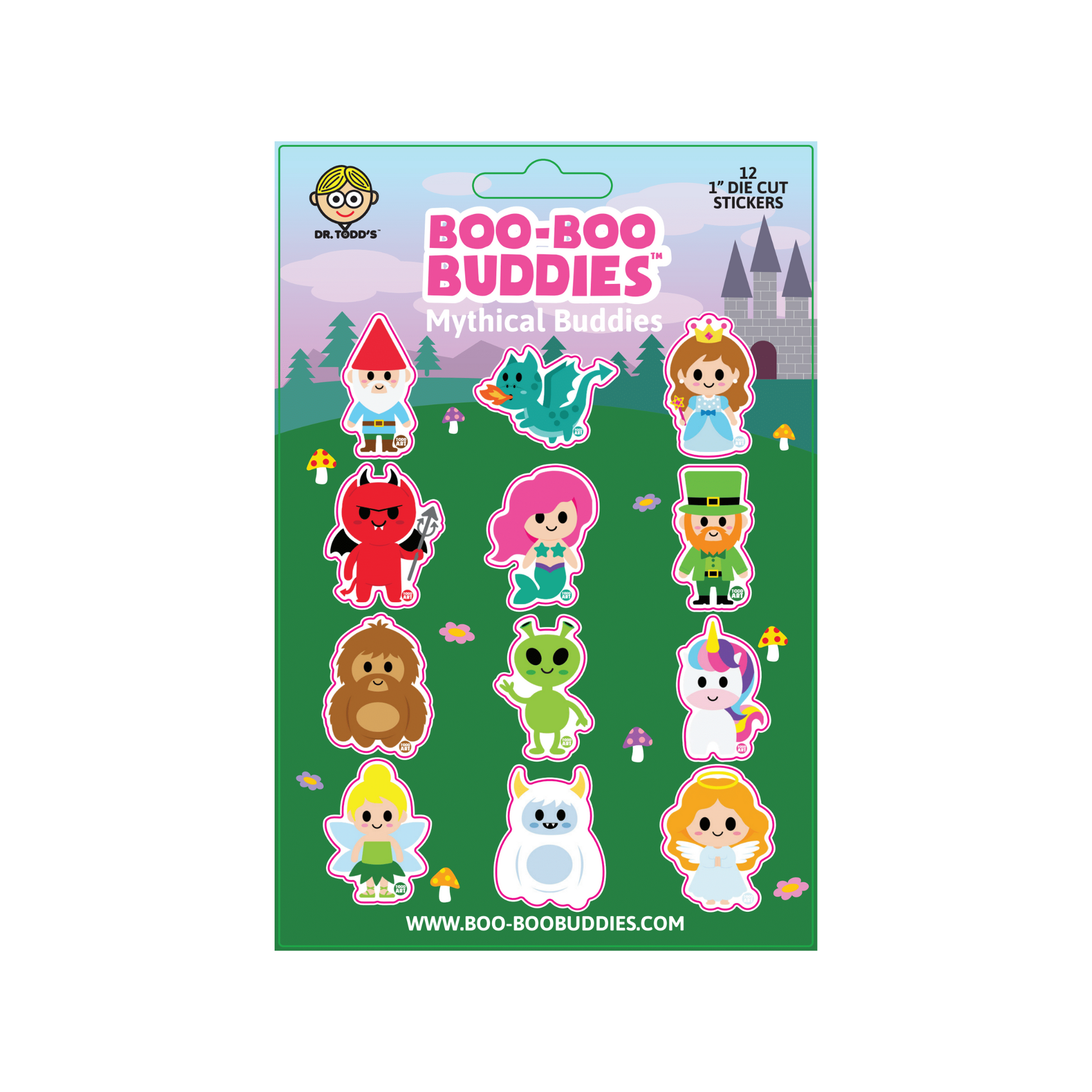 Boo-Boo Buddies® Mythical Buddies Sticker Sheet with 12 fantasy-themed 1-inch stickers—includes unicorn, mermaid, alien, fairy, dragon, leprechaun, princess, and more for magical kids’ crafts and party fun