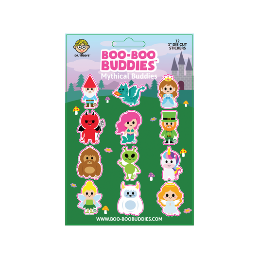 Boo-Boo Buddies® Mythical Buddies Sticker Sheet with 12 fantasy-themed 1-inch stickers—includes unicorn, mermaid, alien, fairy, dragon, leprechaun, princess, and more for magical kids’ crafts and party fun