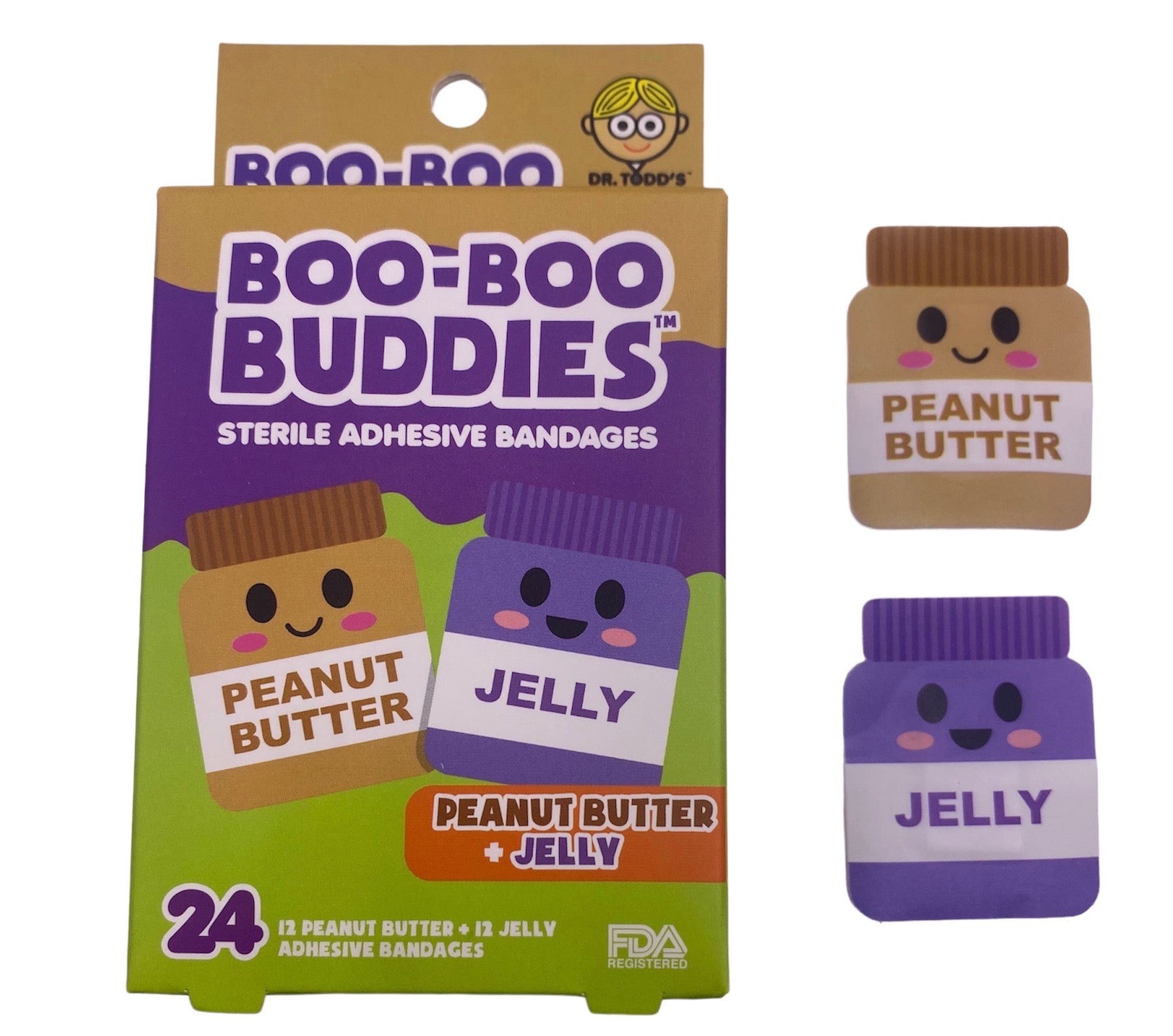 Brown Peanut Butter Jar and Purple Jelly jar shape Bandages with Kwaii smile in Green, Purple and Brown Box
