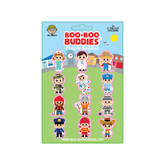 Boo-Boo Buddies® People Buddies Sticker Sheet with 12 character-themed 1-inch stickers—features doctor, nurse, astronaut, firefighter, pirate, mail carrier, and more for kids’ crafts, pretend play, and party favors