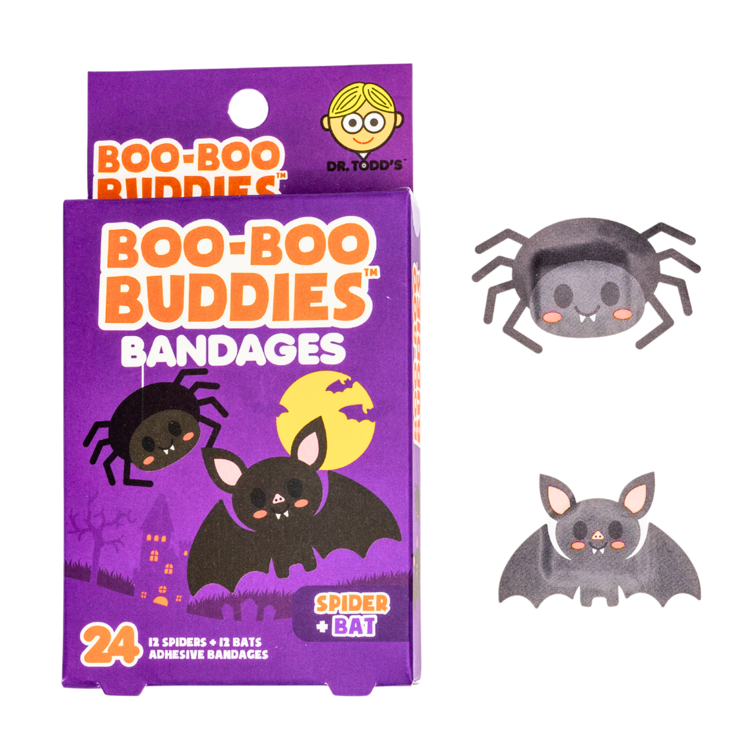 Spider & Bat Shape Kids Bandages – Boo Boo Buddies® 24 Count | Fun Halloween Bandage Box