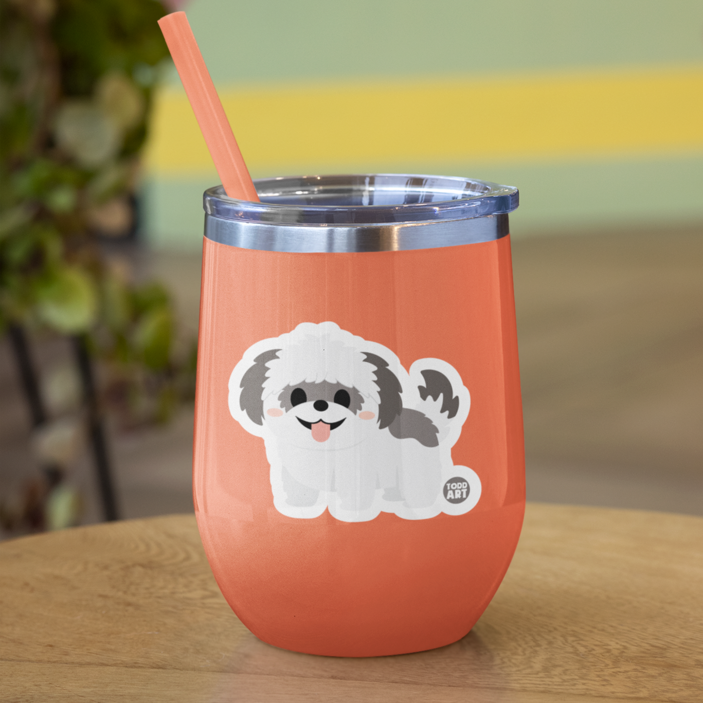 Orange tumbler with Boo-Boo Buddies® collectible vinyl sticker featuring a cute Shih Tzu dog – perfect for pet lovers, laptops, water bottles, scrapbooks, and gifts