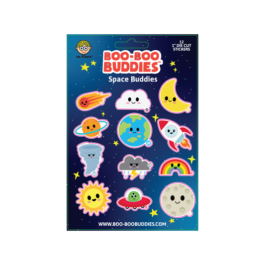Boo-Boo Buddies® Space Buddies Sticker Sheet with 12 collectible 1-inch stickers—features planets, rocket ship, UFO, moon, sun, stars, and more for science gifts, space fans, and kids’ crafts