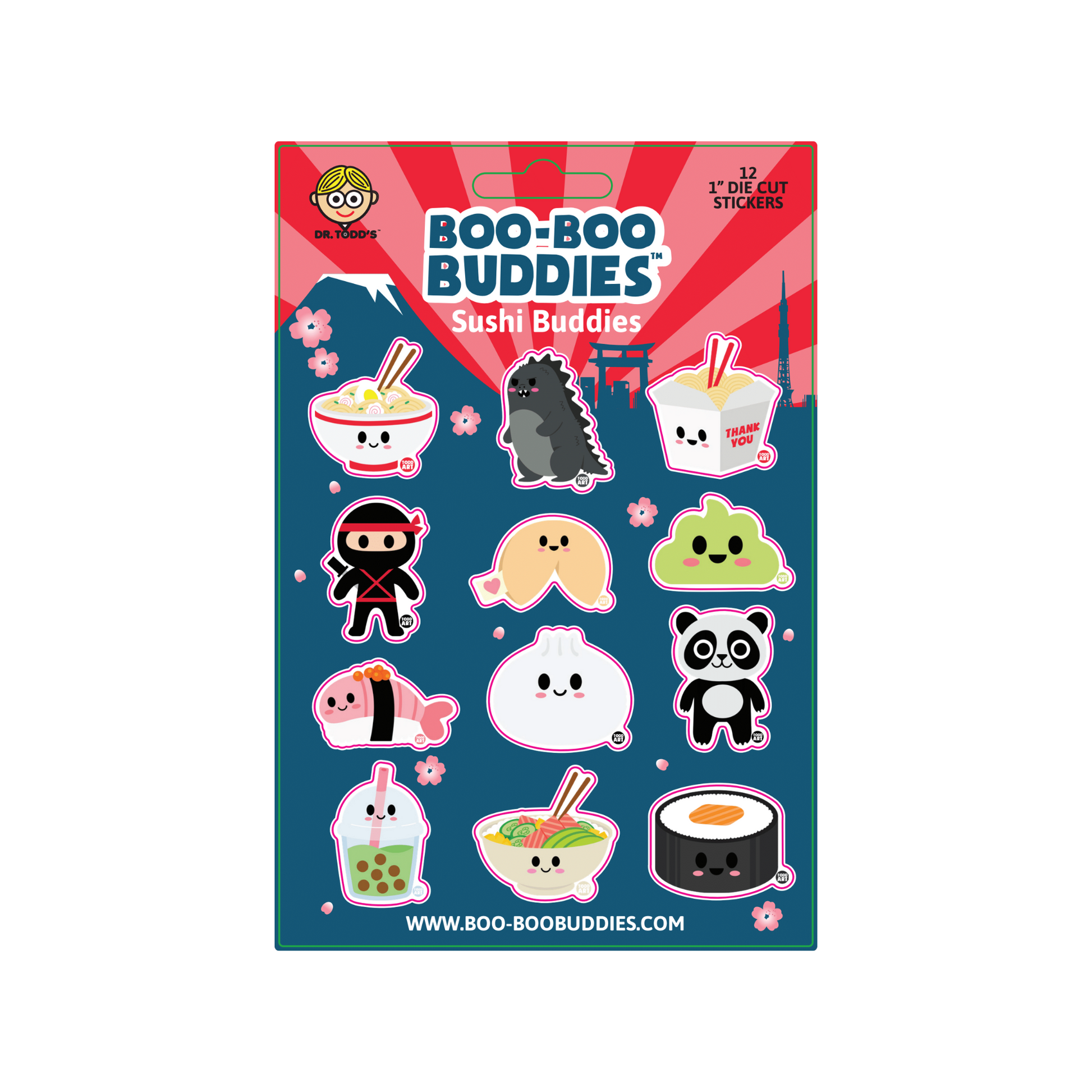 Boo-Boo Buddies® Sushi Buddies Sticker Sheet with 12 collectible 1-inch stickers—features sushi, boba tea, dumplings, ramen, ninja, and more for lunchbox fun, kids’ crafts, and foodie gifts