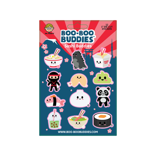 Boo-Boo Buddies® Sushi Buddies Sticker Sheet with 12 collectible 1-inch stickers—features sushi, boba tea, dumplings, ramen, ninja, and more for lunchbox fun, kids’ crafts, and foodie gifts