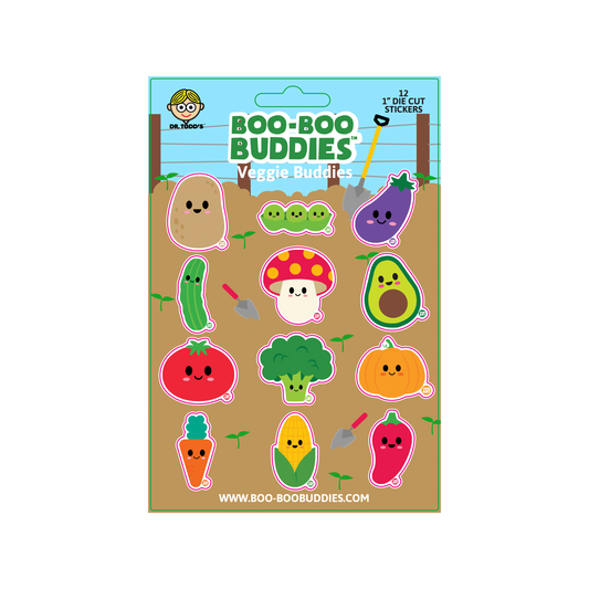 Boo-Boo Buddies® Veggie Buddies Sticker Sheet featuring 12 fun 1-inch vegetable stickers—includes avocado, corn, mushroom, carrot, tomato, and more for crafts, school supplies, and kids’ gifts