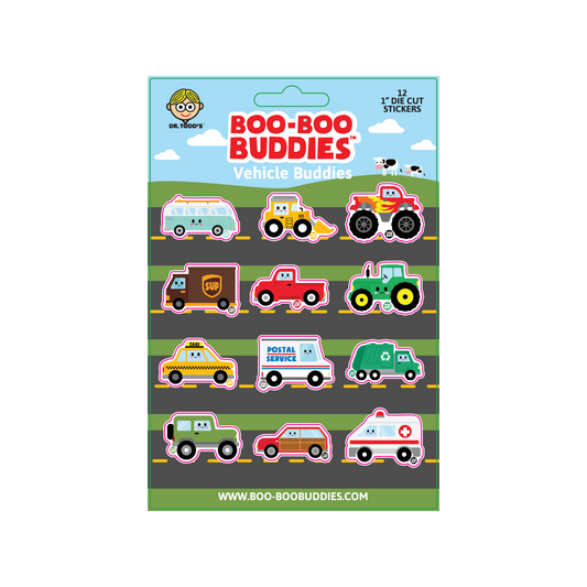 Boo-Boo Buddies® Vehicle Buddies sticker sheet featuring 12 colorful 1-inch vinyl stickers of cute cars, trucks, tractors, and rescue vehicles with happy faces on a road background