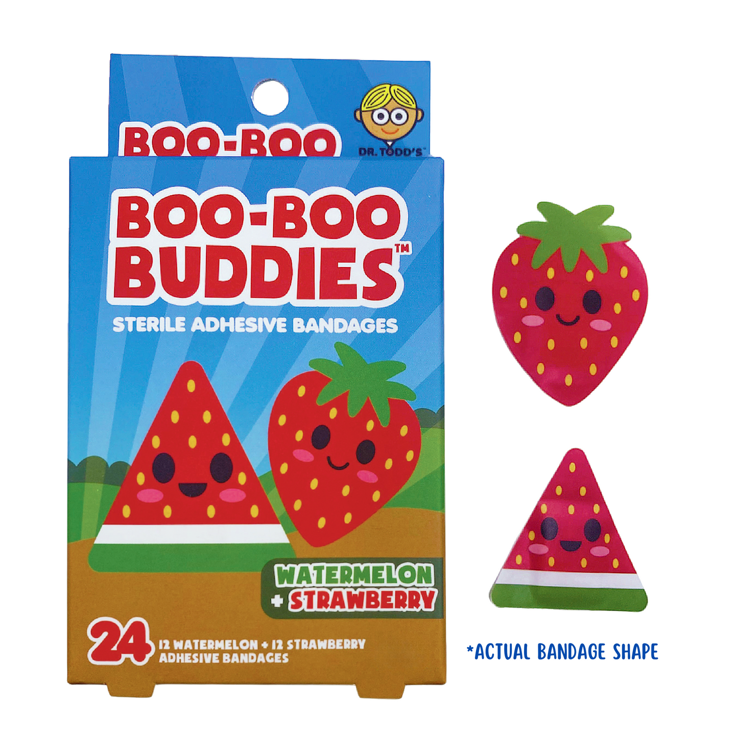 Boo Boo Buddies™ Fun Shape Bandages – Watermelon + Strawberry & Peanut Butter + Jelly | 24 Ct Each | Waterproof, Latex-Free, Kid-Friendly First Aid