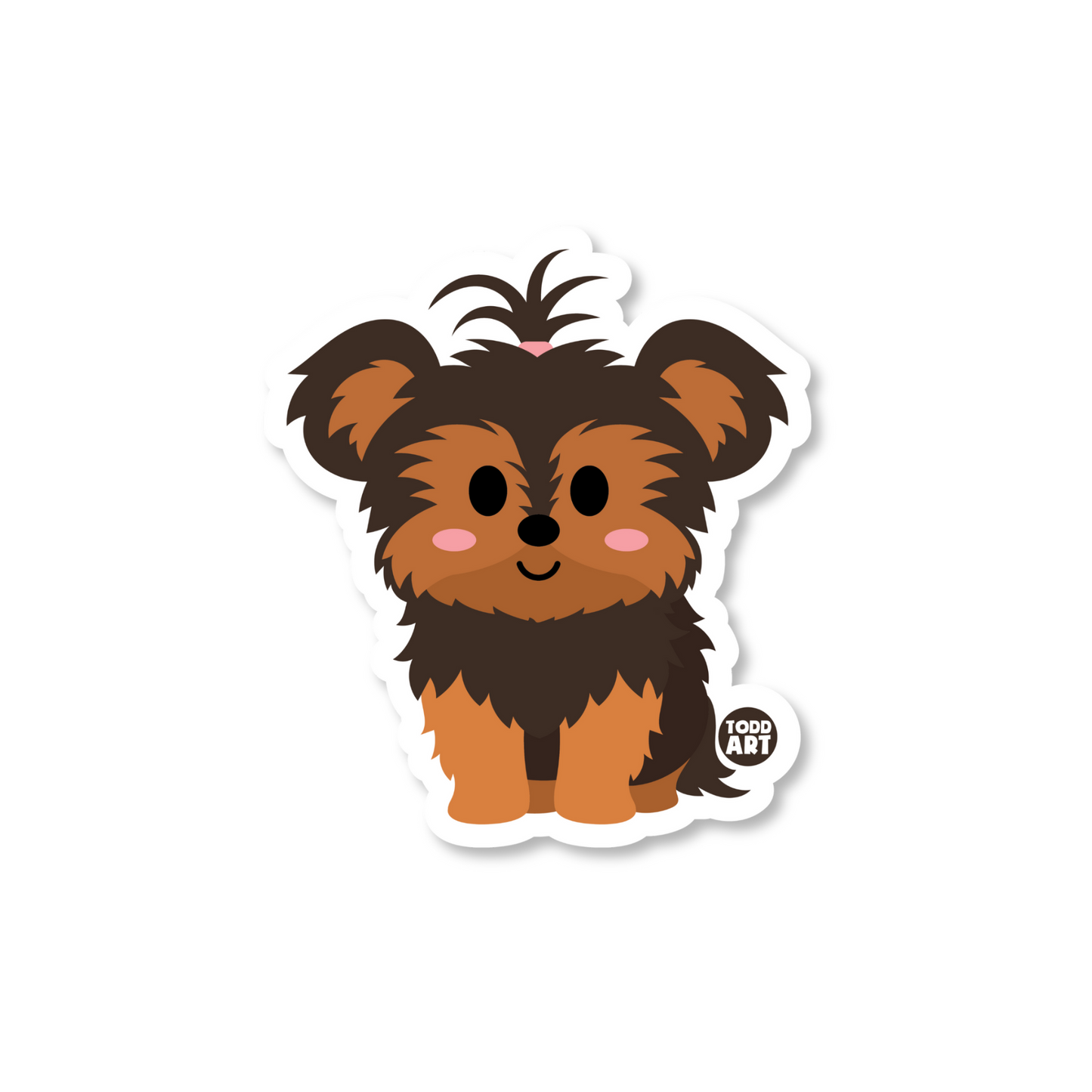 Cute vinyl sticker of a cartoon Yorkshire Terrier with fluffy brown and black fur and a smiling face – 3 inch waterproof Yorkie dog sticker by Todd Art