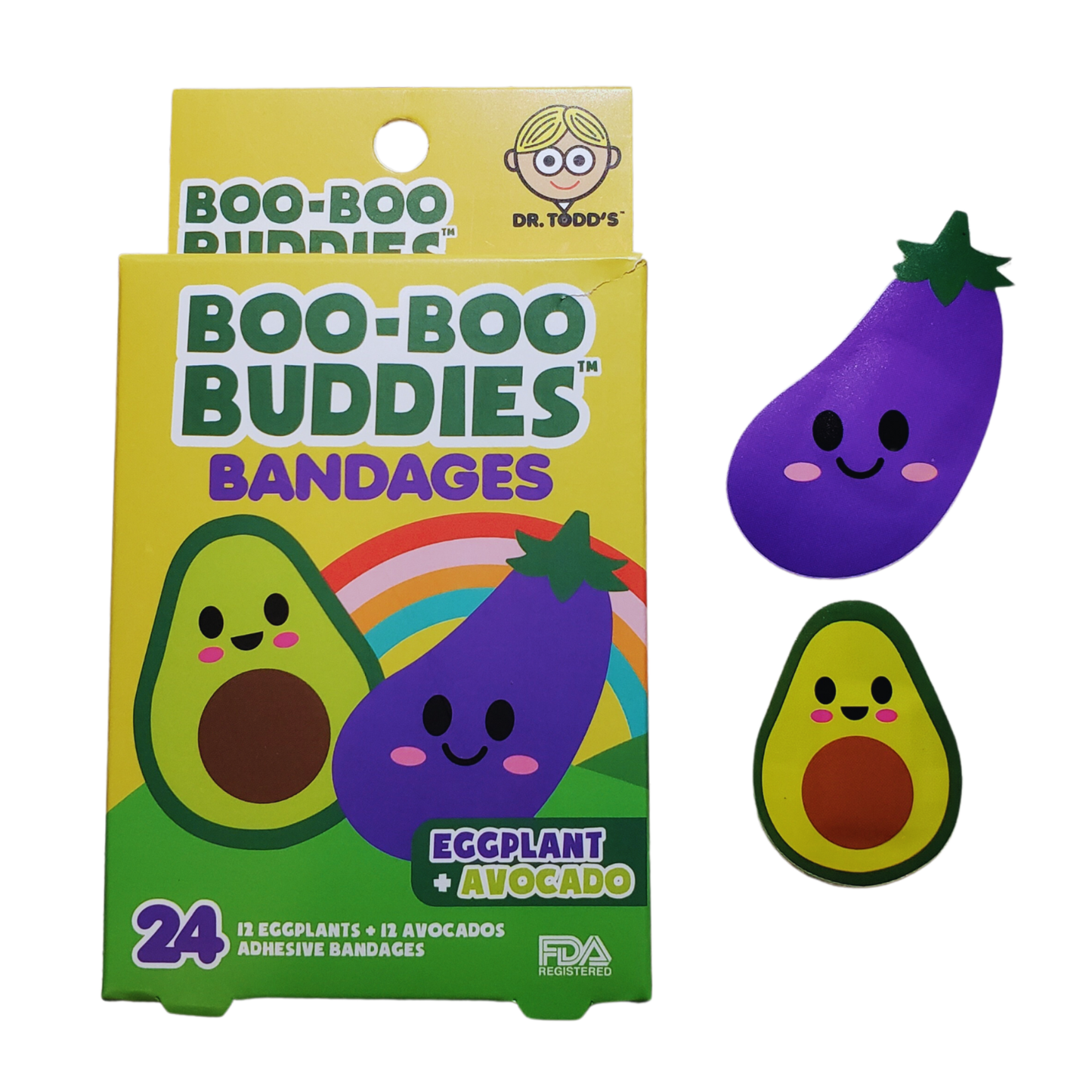 Eggplant & Avocado Bandages for Kids – Waterproof, Latex-Free, 24 Count | Dr. Todd’s Boo-Boo Buddies®