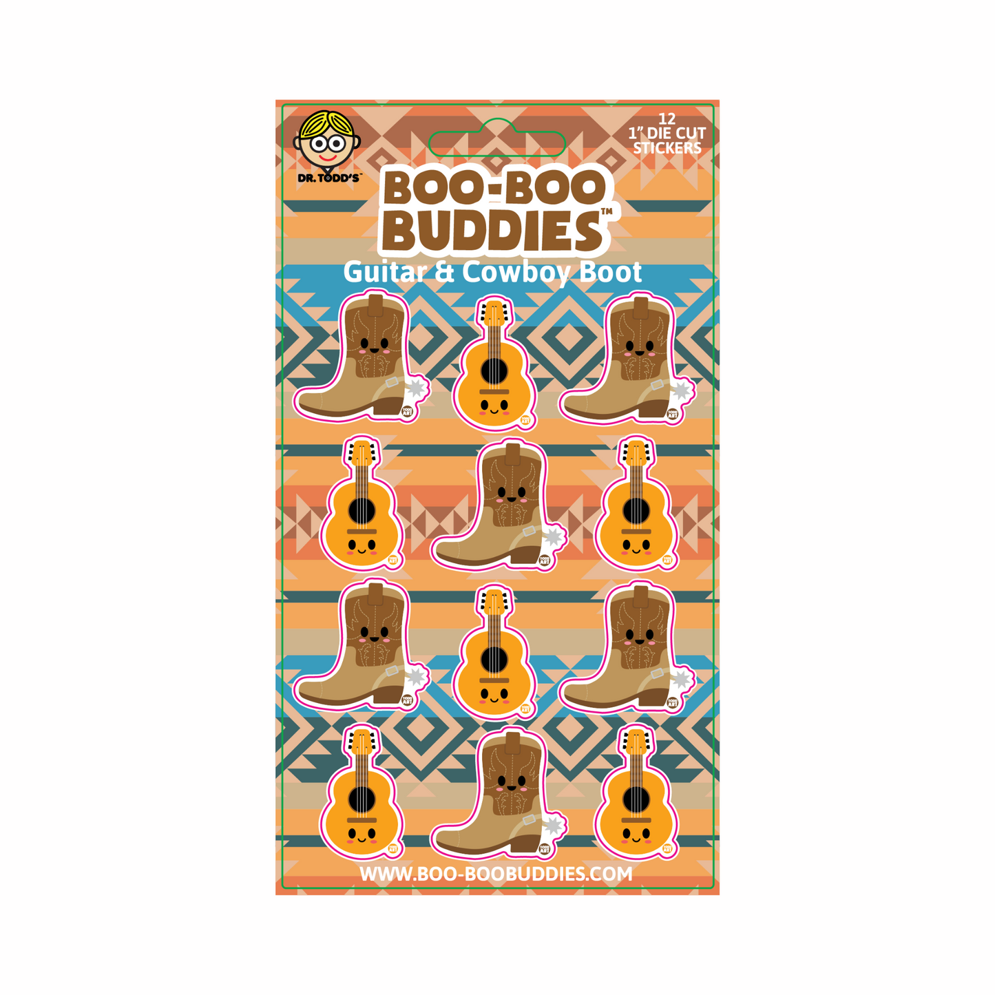 Collectible 1-inch western vinyl stickers of guitars and cowboy boots from Boo-Boo Buddies — perfect for kids’ crafts, planners, sticker books, and country-themed party favors