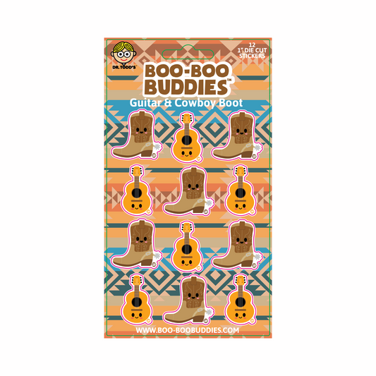 Collectible 1-inch western vinyl stickers of guitars and cowboy boots from Boo-Boo Buddies — perfect for kids’ crafts, planners, sticker books, and country-themed party favors