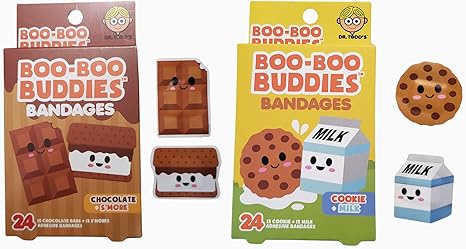 2-Pack Boo Boo Buddies™ Chocolate & S'Mores + Cookie & Milk Bandages – 24 Ct Each | Fun Food-Shaped Bandages for Kids | Latex-Free, Waterproof, Sensitive Skin First Aid Supplies
