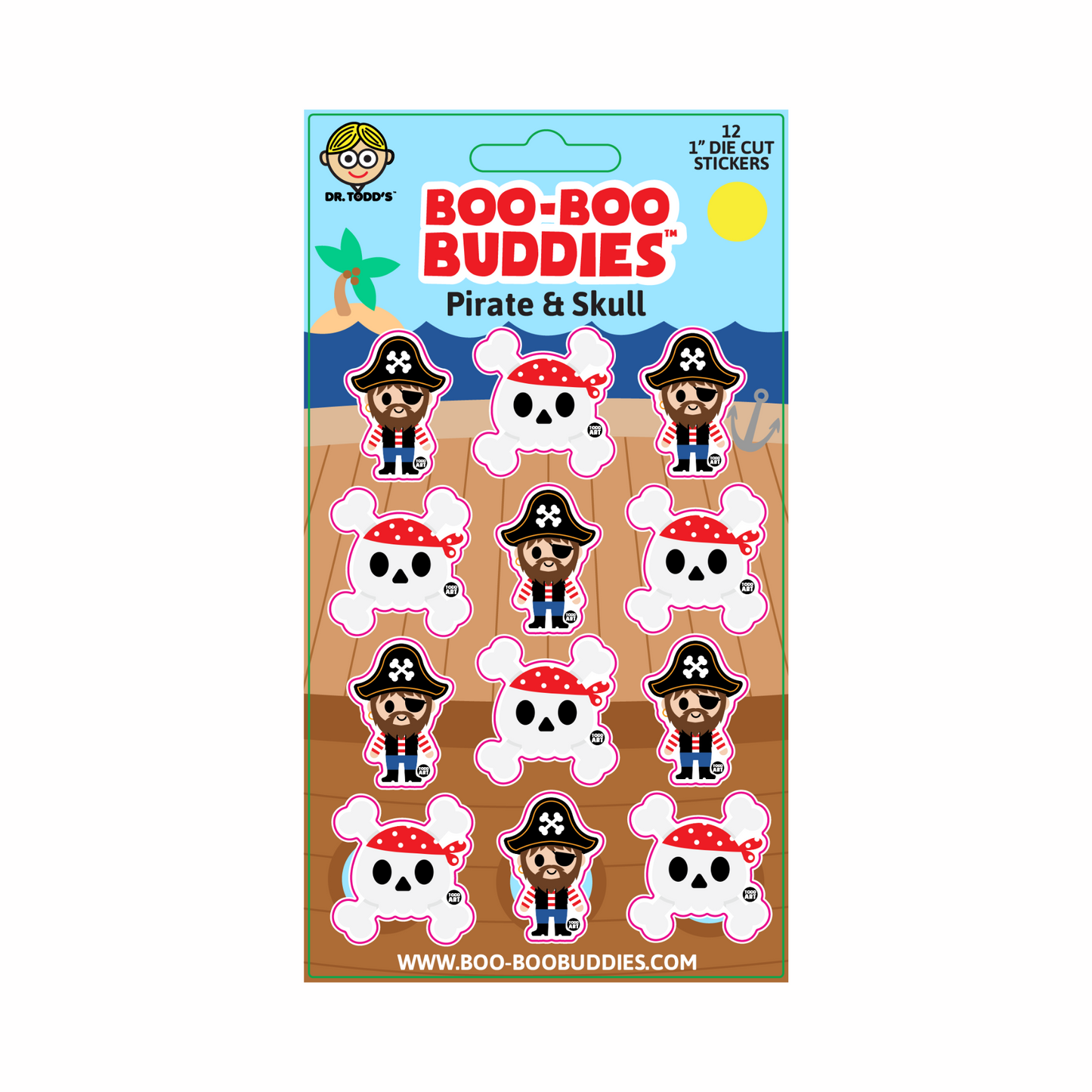 Fun 1-inch vinyl stickers with playful pirate and skull designs, perfect for party favors, crafts, water bottles, and kids' notebooks.