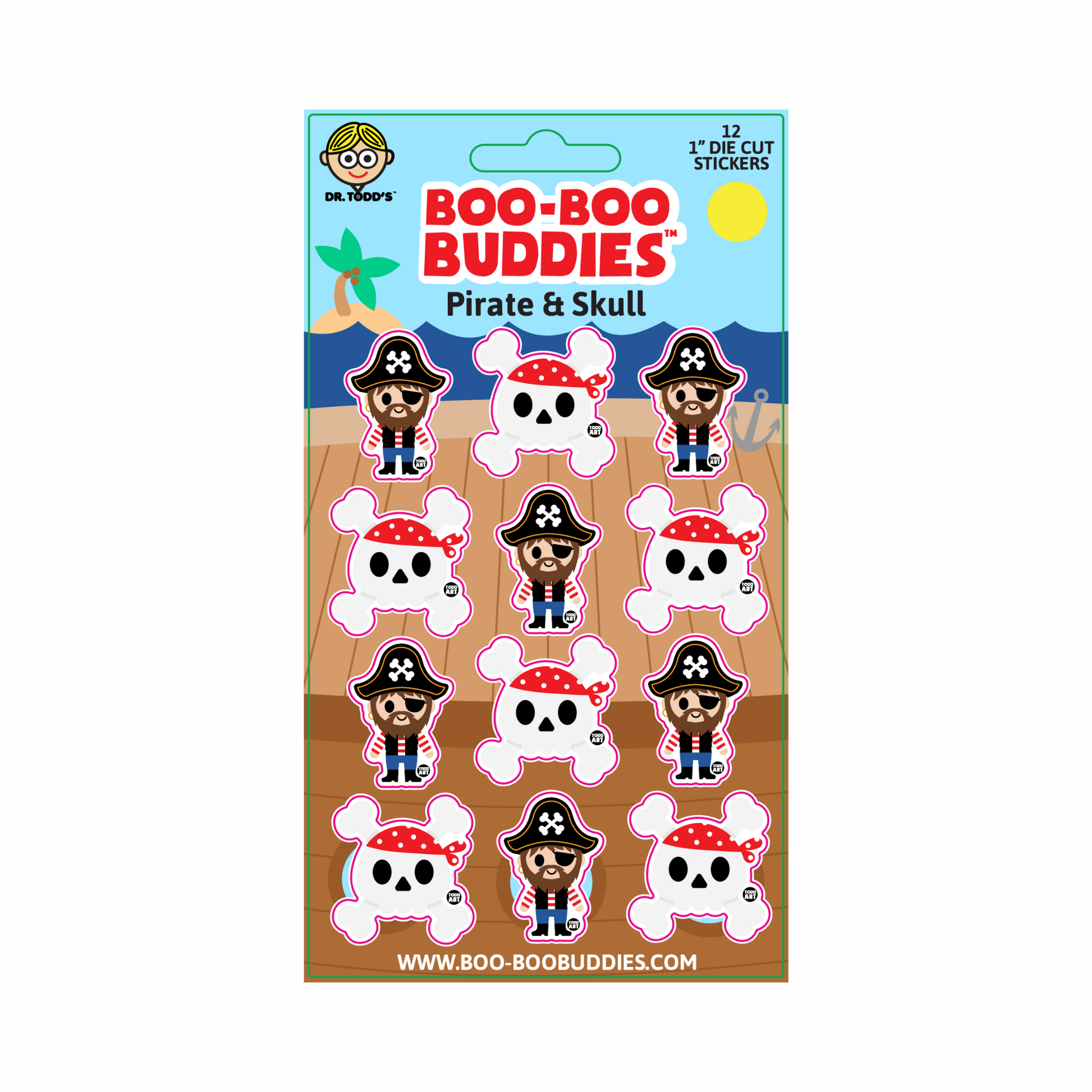 Fun 1-inch vinyl stickers with playful pirate and skull designs, perfect for party favors, crafts, water bottles, and kids' notebooks.