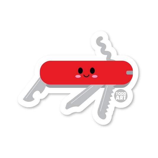 Boo Boo Buddies™ Swiss Army Knife Sticker – Cute Kawaii Vinyl Sticker, Waterproof Glossy 3″ Die‑Cut
