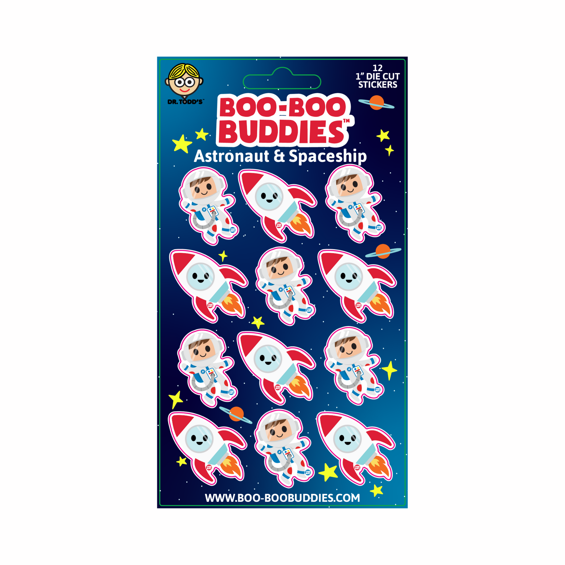 1-inch astronaut and rocket stickers on a collectible sticker sheet from Boo-Boo Buddies featuring 12 space-themed toy stickers for kids