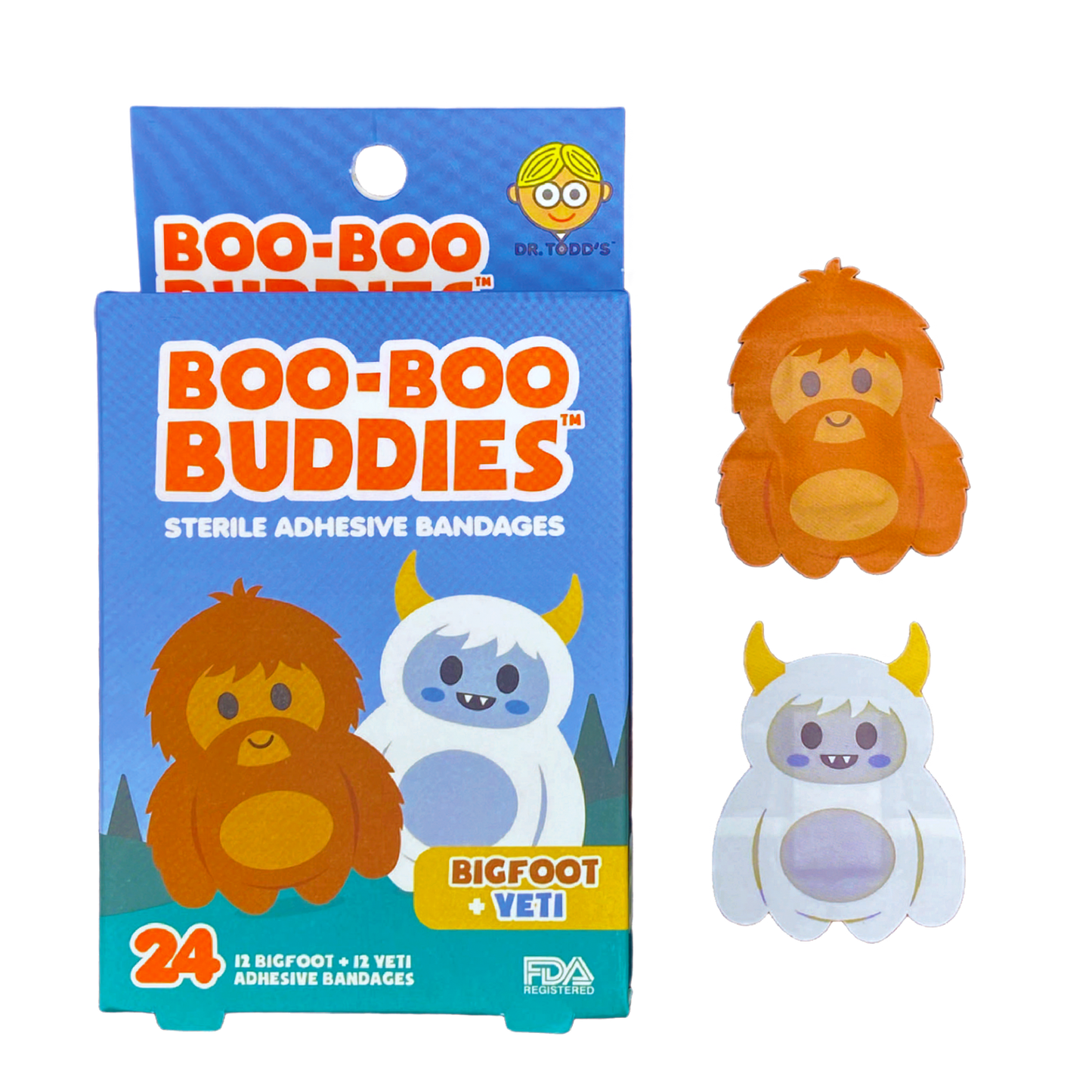 Boo Boo Buddies Bigfoot and Yeti bandages, fun adhesive bandages for kids, 24-count pack