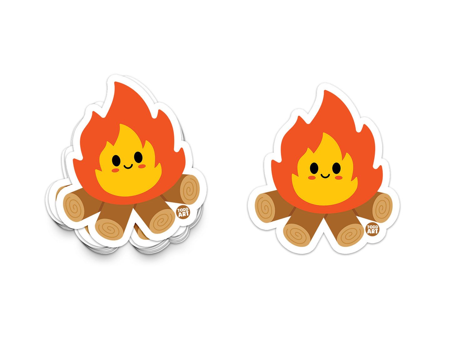 Cheerful red and yellow campfire with logs – cute Boo Boo Buddies® camping-themed collectible sticker