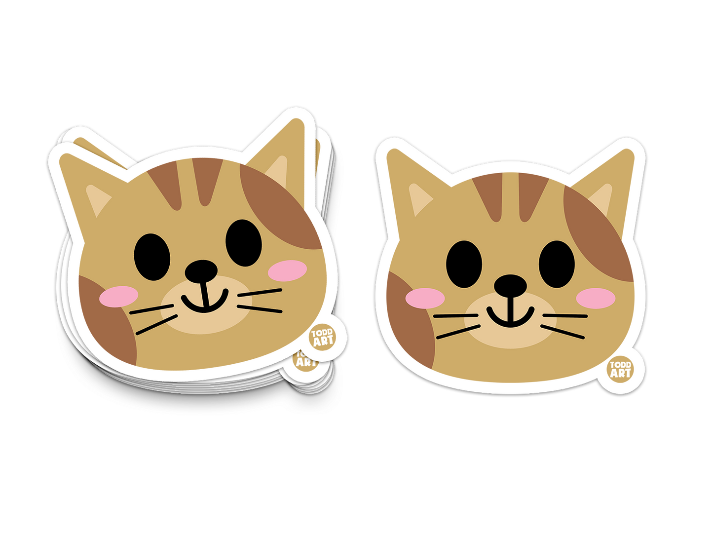 Adorable tabby cat face with pink cheeks and friendly smile – cute collectible sticker for kids, school, crafts, or decorating laptops and water bottles