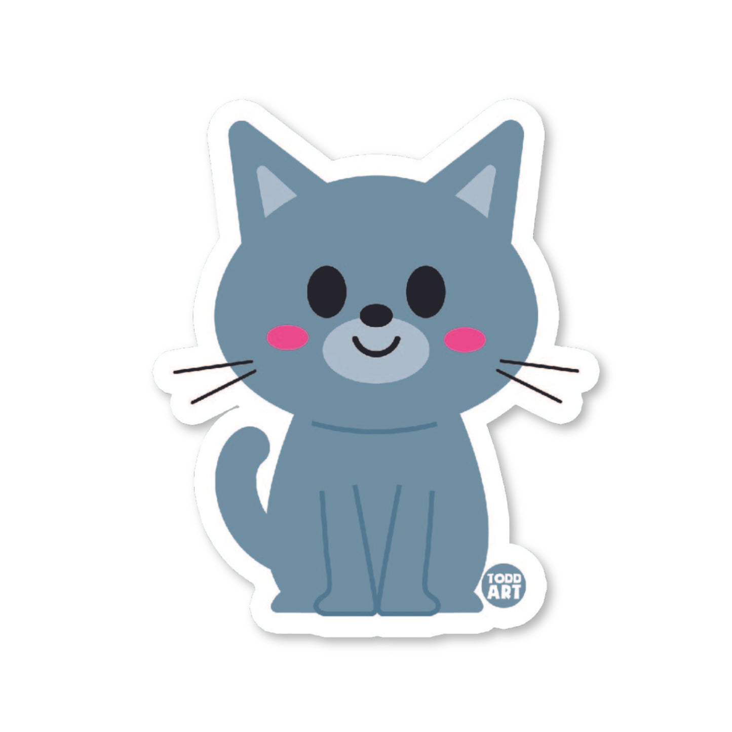 Cute blue-gray standing cartoon cat with belly patch and pink cheeks – playful collectible sticker